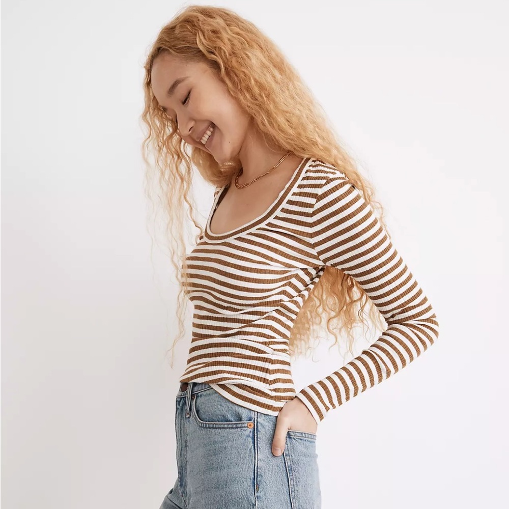 Pointelle Square-Scoop Tee in Stripe Small